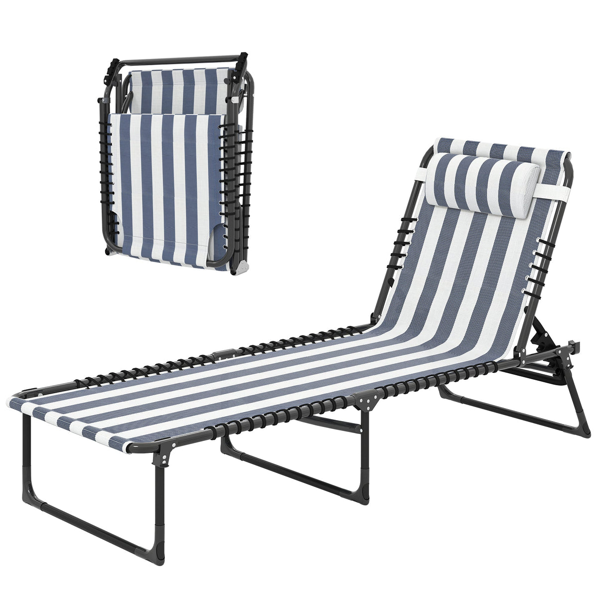 Folding Chaise Lounge Chair with 4-Position Reclining Back for Beach, Poolside, Yard, Blue and White — product view 2