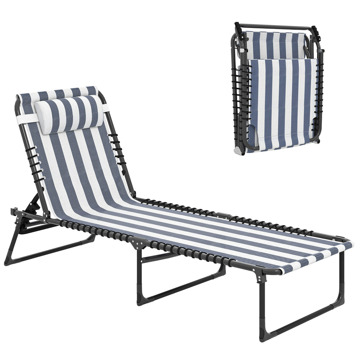 Folding Chaise Lounge Chair with 4-Position Reclining Back for Beach, Poolside, Yard, Blue and White — product view 1