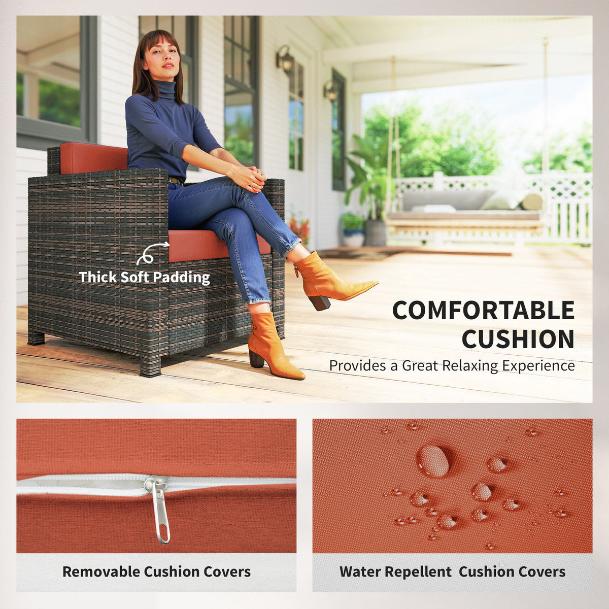 Single Rattan Garden Armchair with 10 cm Cushion & Armrests, Mixed Brown/Orange — product view 7