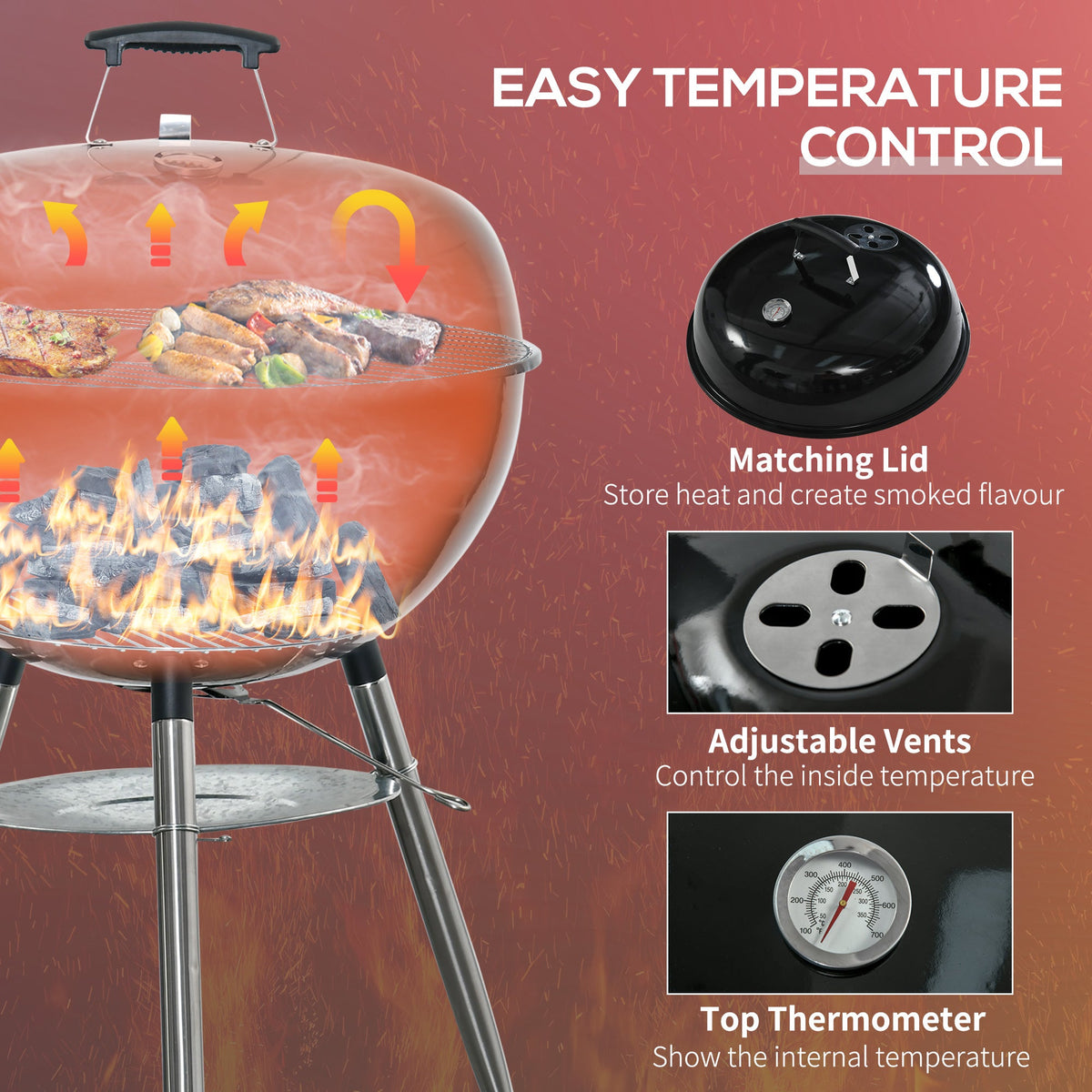 Portable Kettle Charcoal BBQ Smoker with Lid, Shelf & Wheels — product view 7