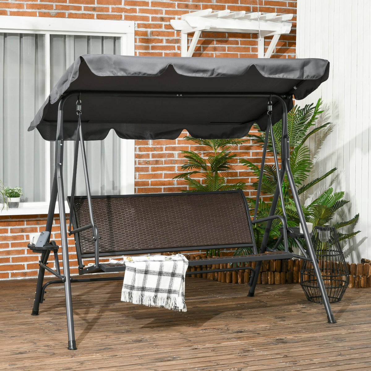 3 Seater Garden Swing Chair with Adjustable Canopy & Rattan Seat, Dark Grey — product view 3