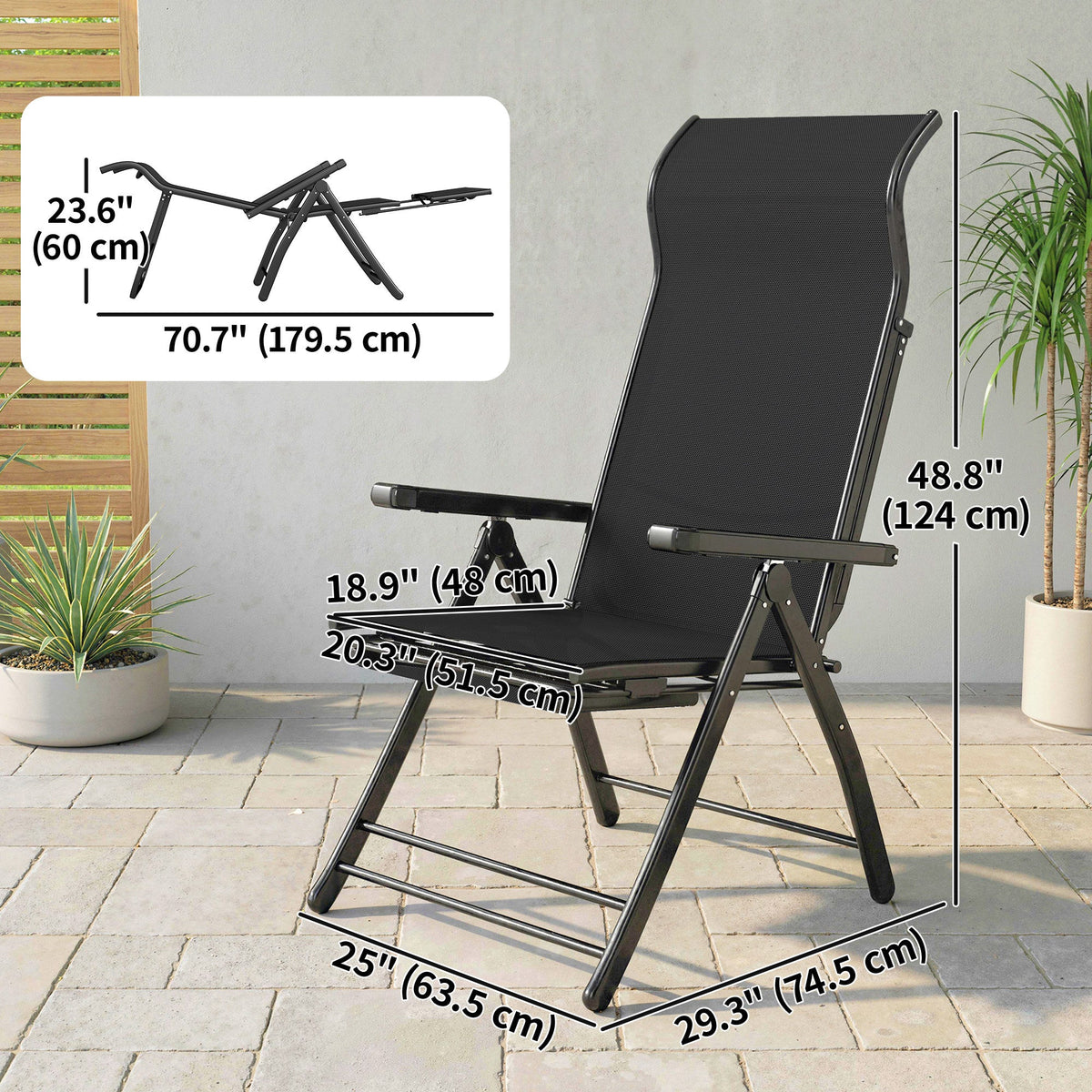 Set of 2 Folding Patio Chairs with Footrest and 5-Position Recline, Black — product view 5