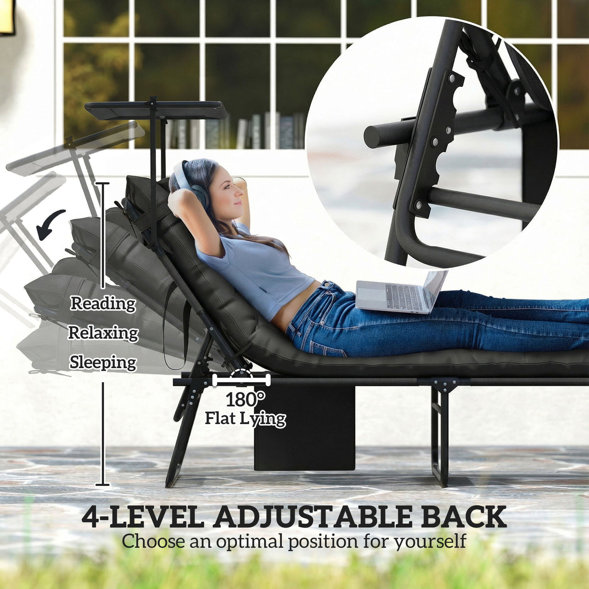 Folding Chaise Lounge Chair with Cushion, Sun Shade and Headrest, Dark Grey — product view 6