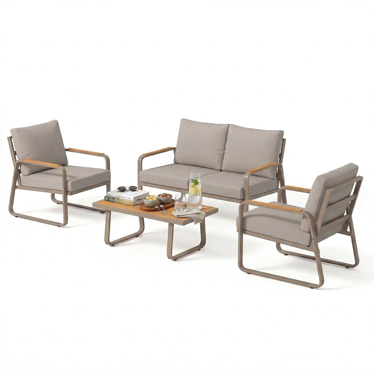 4-Piece Patio Set with Metal Frame and Cushions, Loveseat & 2 Chairs, Brown — product view 2
