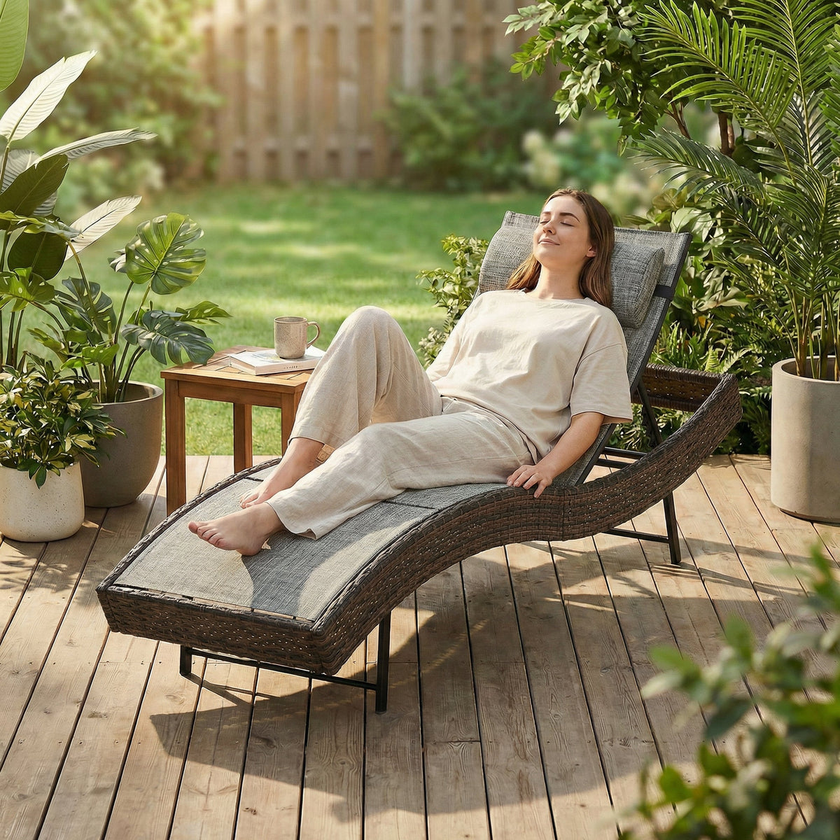 Rattan Sun Lounger with S-Shaped Seat and 5-Position Backrest, Brown — product view 4