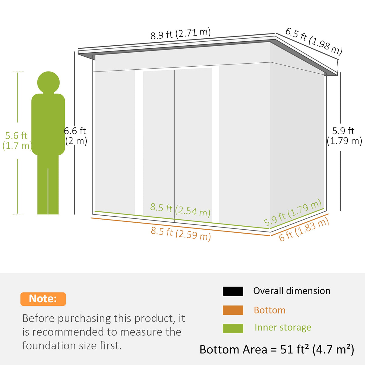9ft x 6.5ft Metal Shed with Double Doors & Light Panels, Light Grey — product view 5
