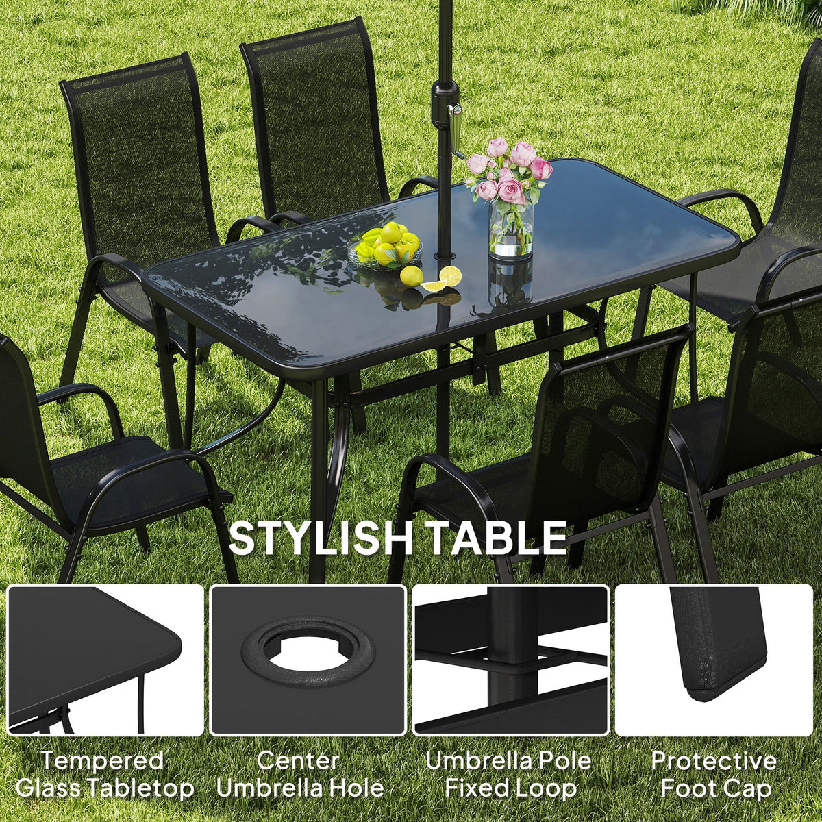 8-Piece Patio Dining Set with 9 Ft Umbrella, Black — product view 6