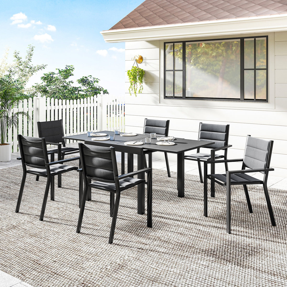 7pc Patio Dining Set with Expandable Table and Stackable Chairs, Black — product view 4