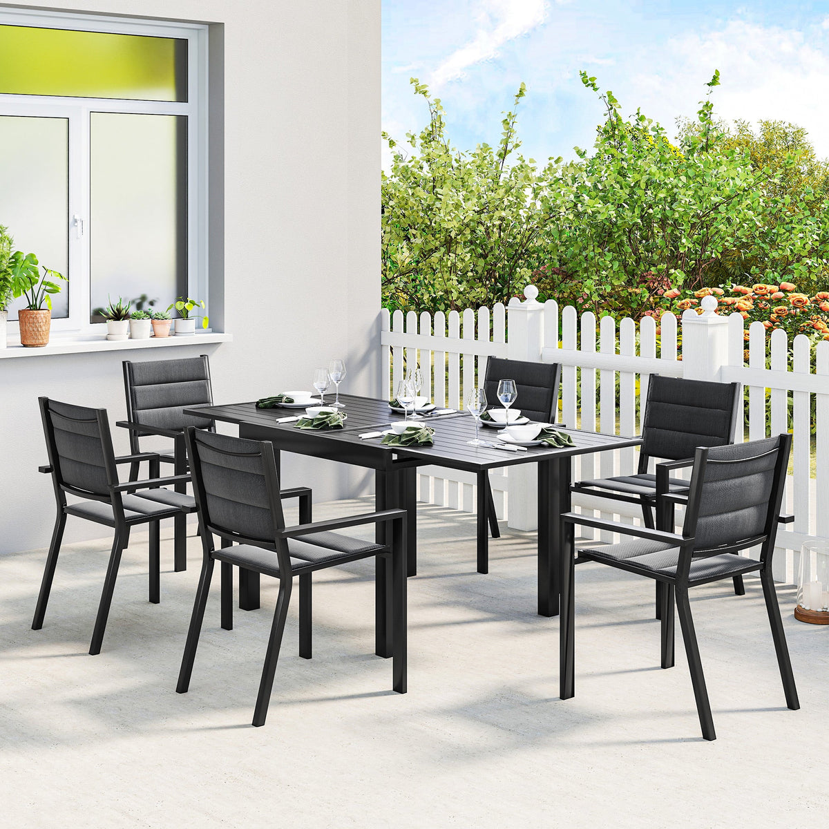 7pc Patio Dining Set with Expandable Table and Stackable Chairs, Black — product view 3