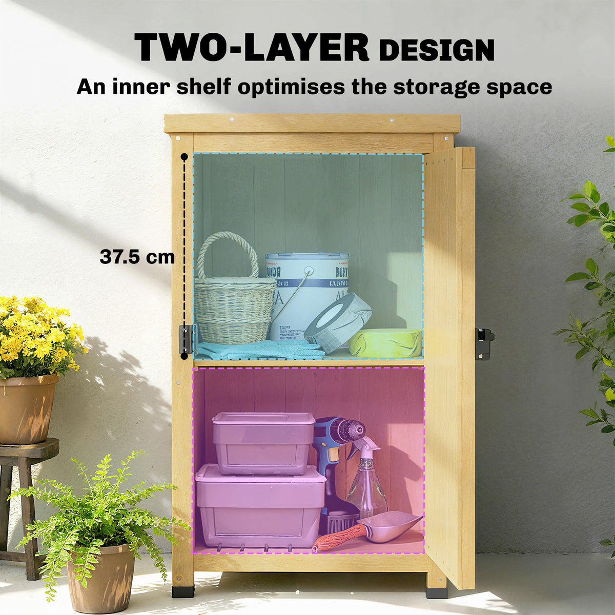 Wooden Garden Shed with Galvanised Top, Shelf and Door, Light Brown — product view 6