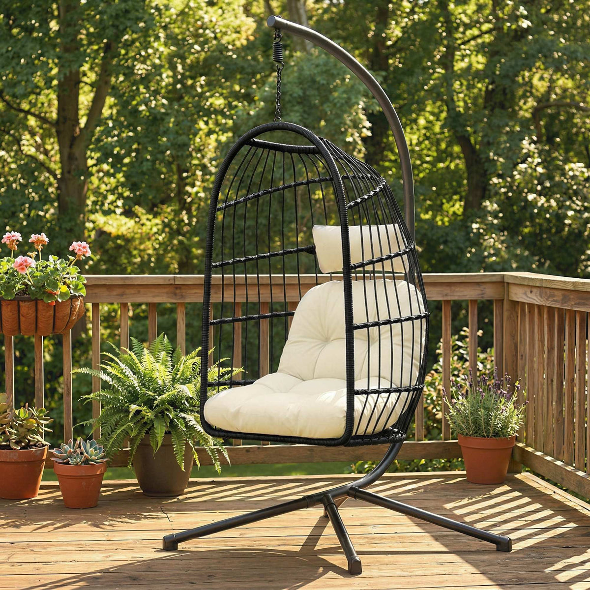 Hanging Egg Chair with Stand, Foldable Basket & Thick Cushion, Adjustable Height — product view 4