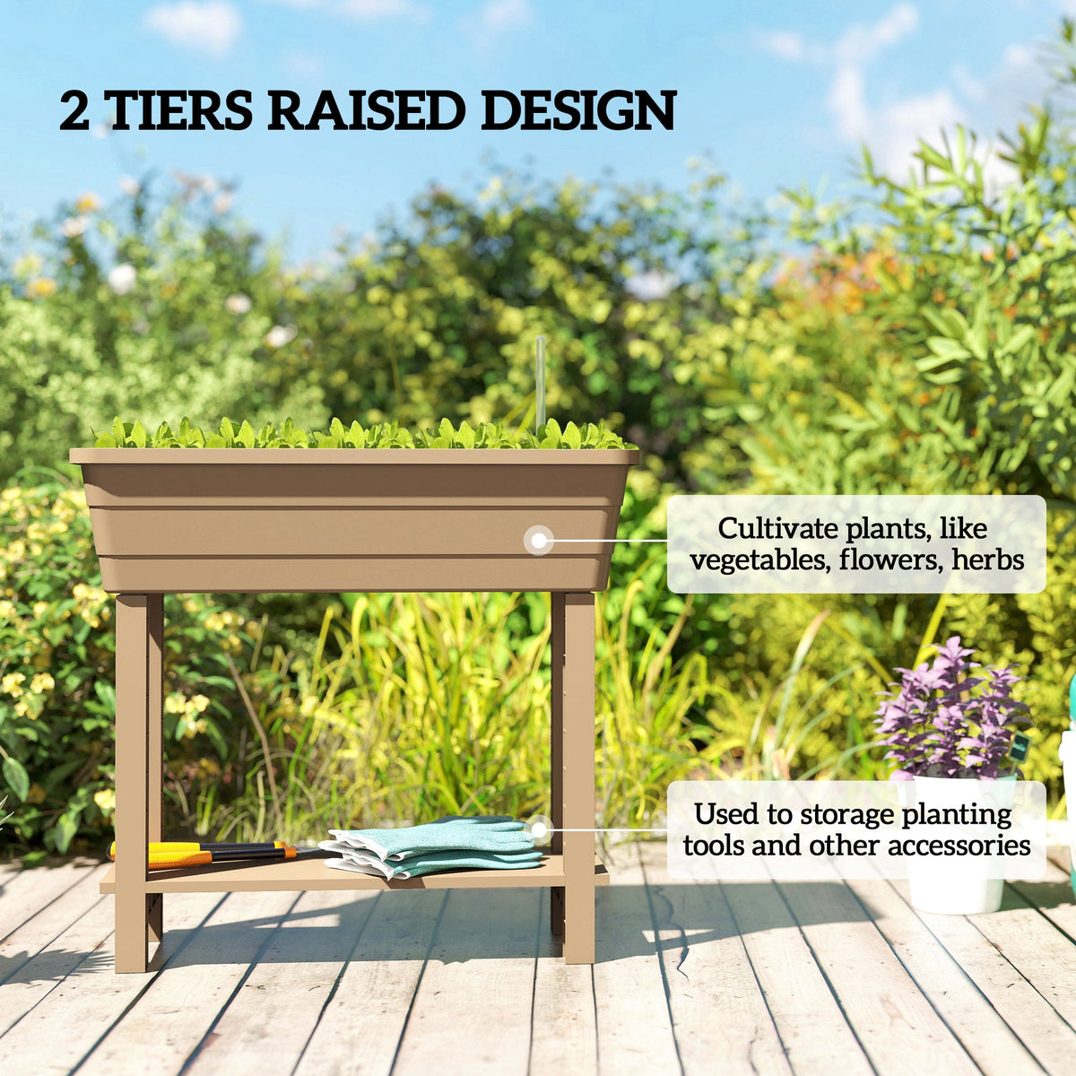 41L Self-Watering Raised Garden Bed with Lid and Shelf, Brown — product view 6