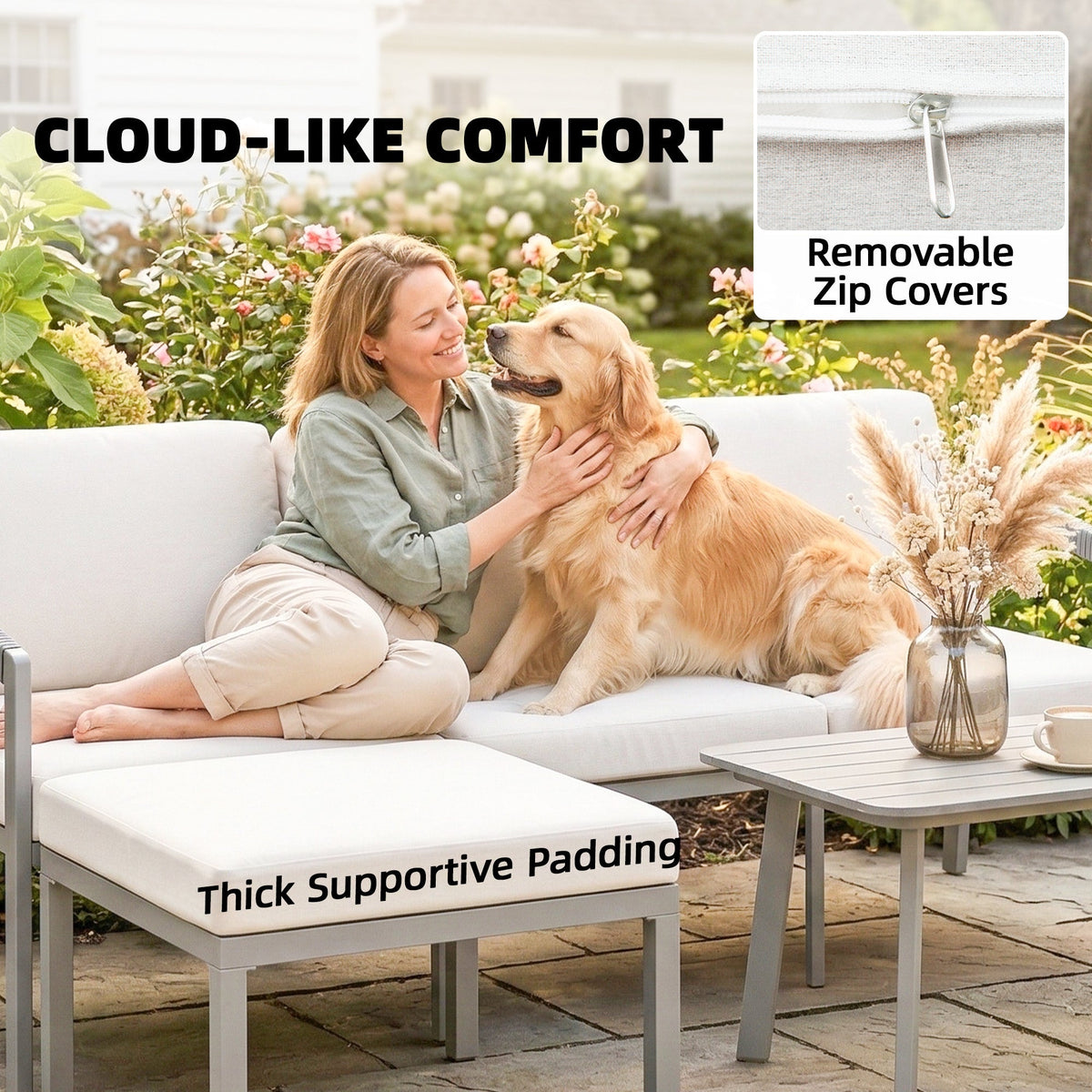 3 Piece Garden Furniture Set with Sofa, Footstool and Coffee Table, Grey — product view 7