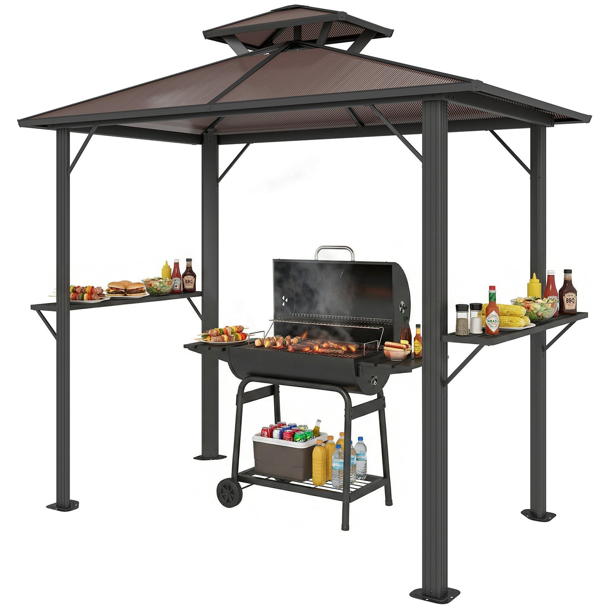2.5 x 1.5 m Hardtop BBQ Grill Gazebo with 2 Shelves, Brown — product view 2