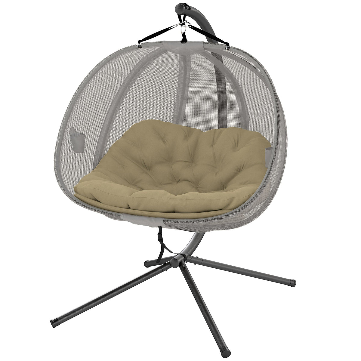 2-Person Double Egg Chair with Stand, 528 lbs Capacity, Cushioned Loveseat, Khaki — product view 2
