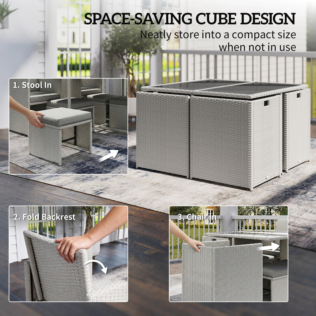 8 Seater Rattan Cube Garden Dining Set with Cushions, Light Grey — product view 6