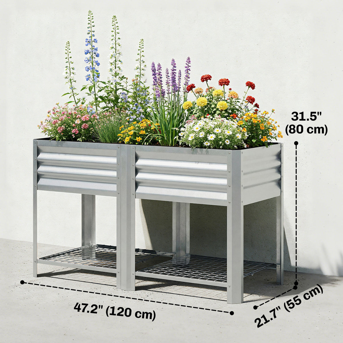 Galvanized Steel Raised Garden Bed with Legs and Storage Shelf, Silver — product view 5