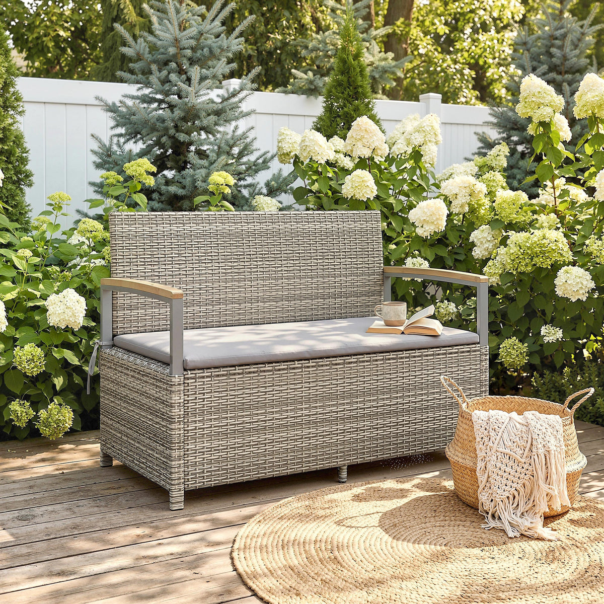 144L 2-Seater Rattan Storage Bench with Acacia Armrests & Gas Strut, Light Grey — product view 4