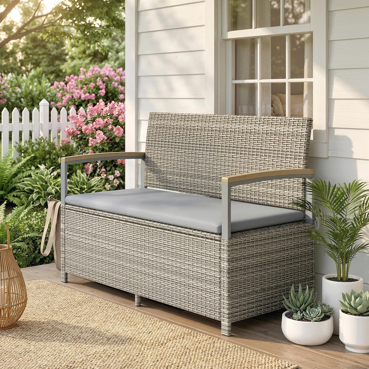 144L 2-Seater Rattan Storage Bench with Acacia Armrests & Gas Strut, Light Grey — product view 3