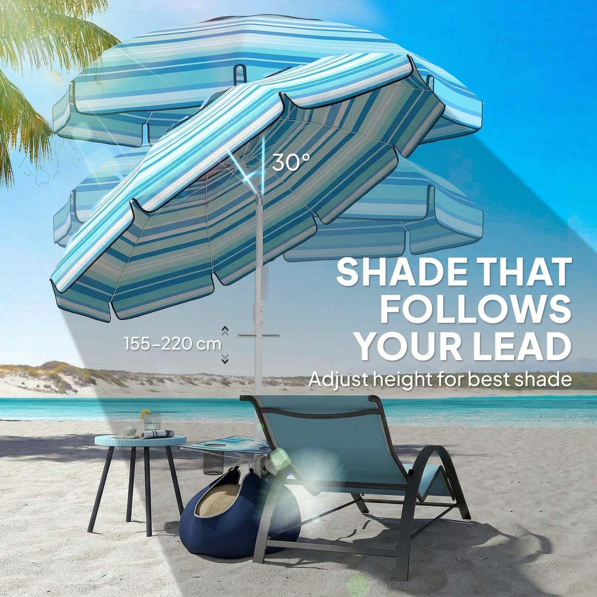 6 ft Portable Beach Umbrella with Foldable Table and Cup Holders, Dark Blue — product view 7