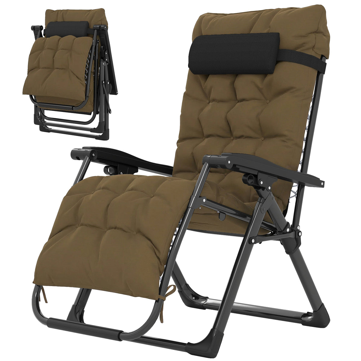 Reclining Zero Gravity Chair with Cushion and Headrest, Khaki — product view 2