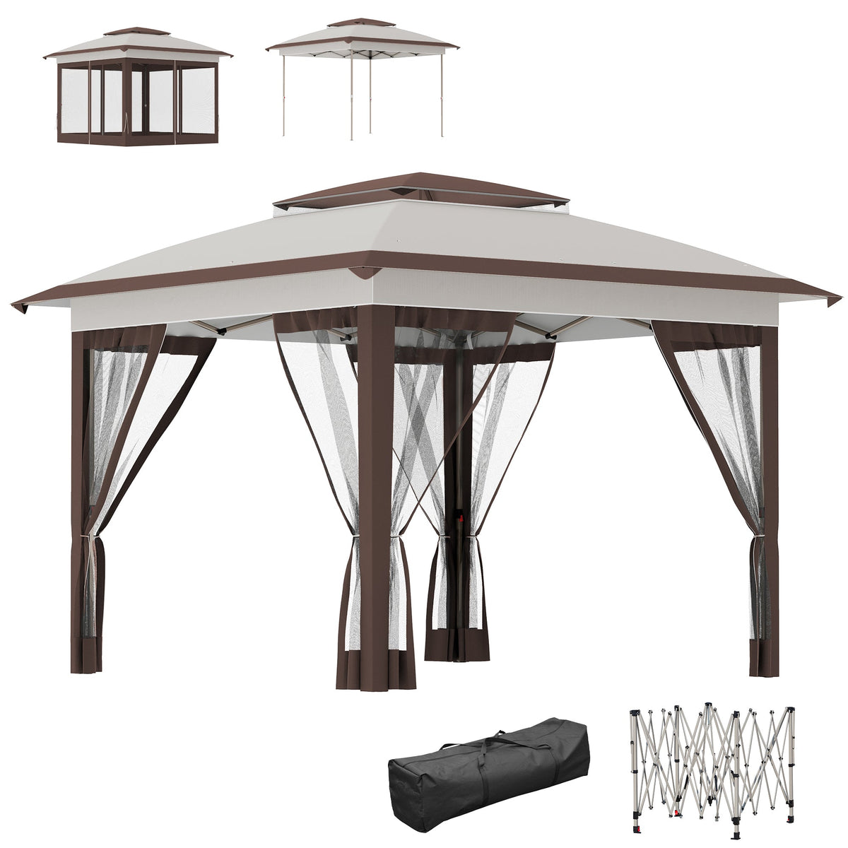 12' x 12' Pop-Up Canopy with Mesh Sidewalls, Adjustable Height, Beige Dark Brown — product view 1