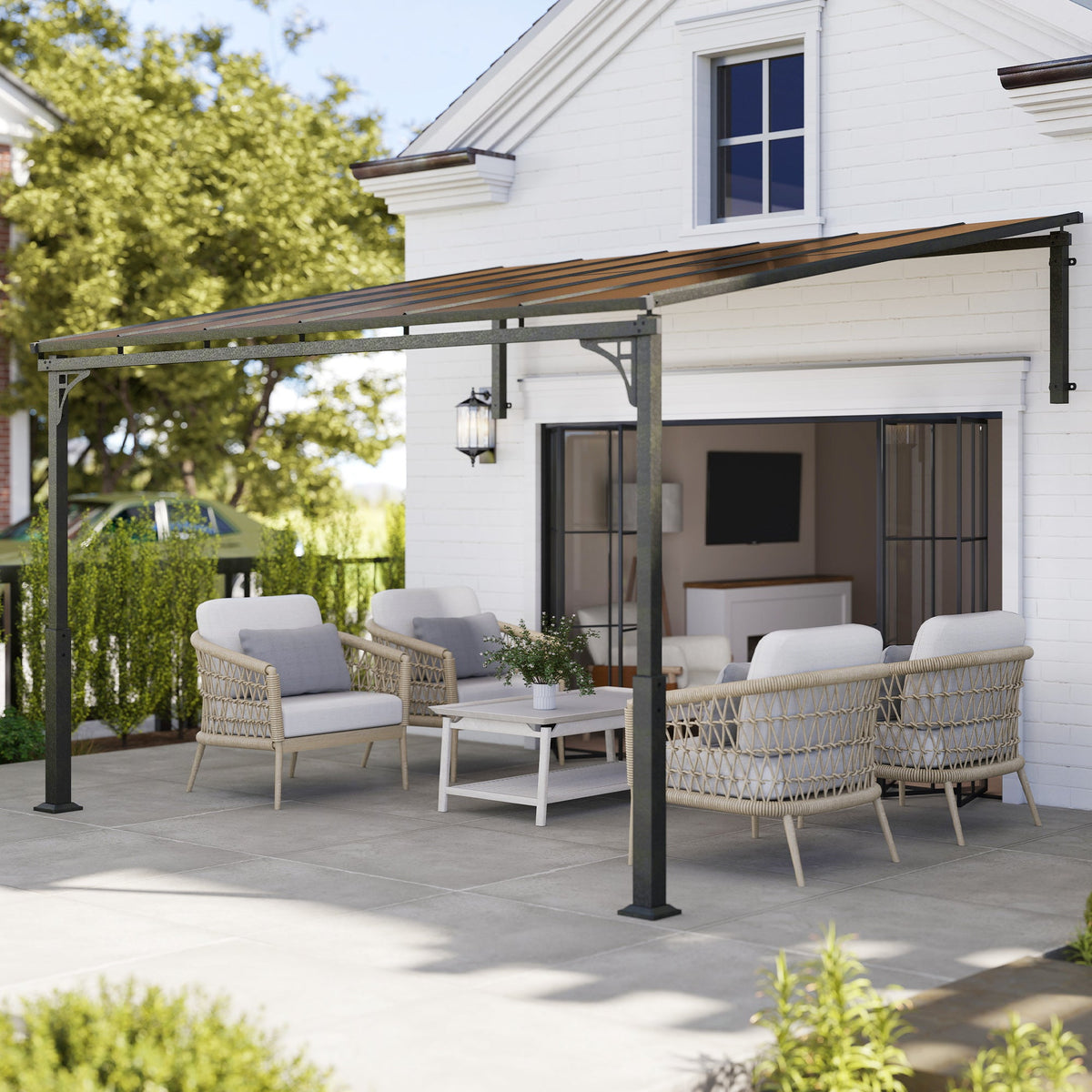 11' x 10' Wall Mounted Lean-to Pergola with Polycarbonate Roof, Brown — product view 3