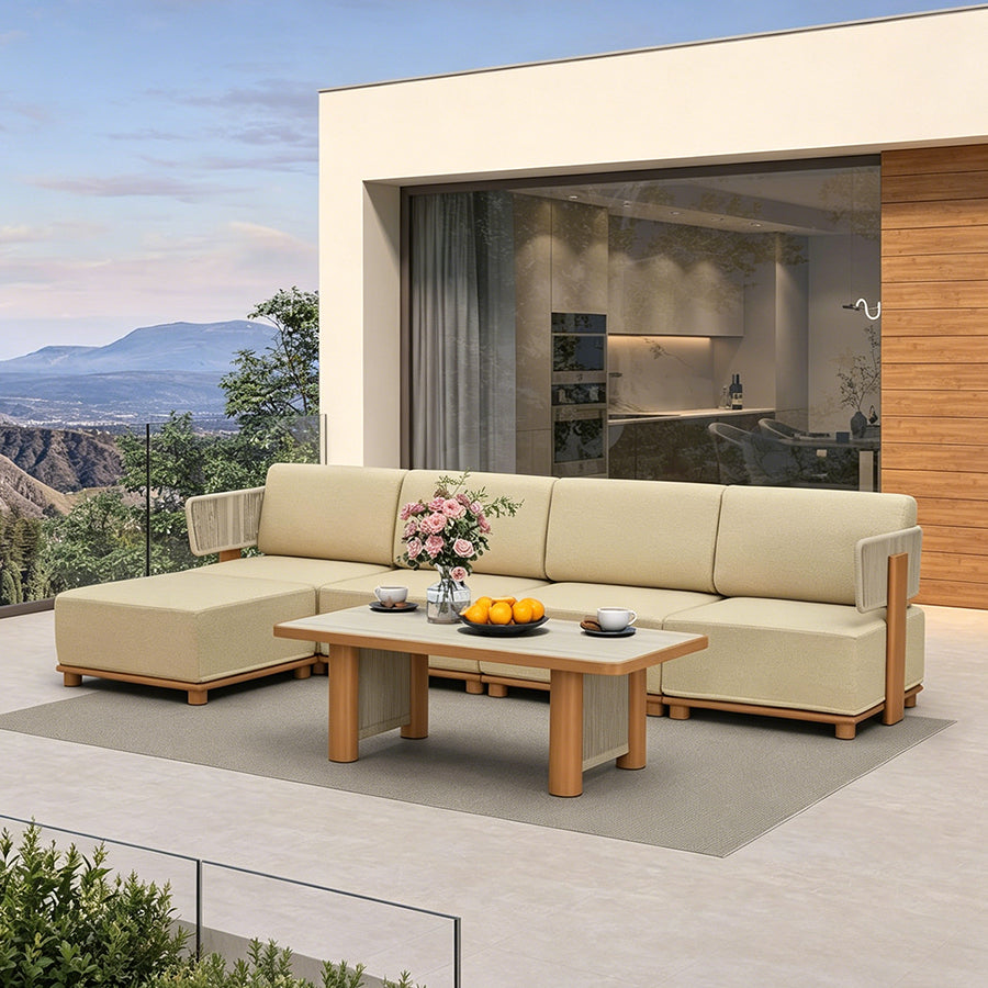 PURPLE LEAF Breck L-Shaped with table Modular Outdoor Sectional with Wood-Grain Aluminum Frame and Thick Teak-Colored Cushions for Luxury Backyard Lounge — product view 5