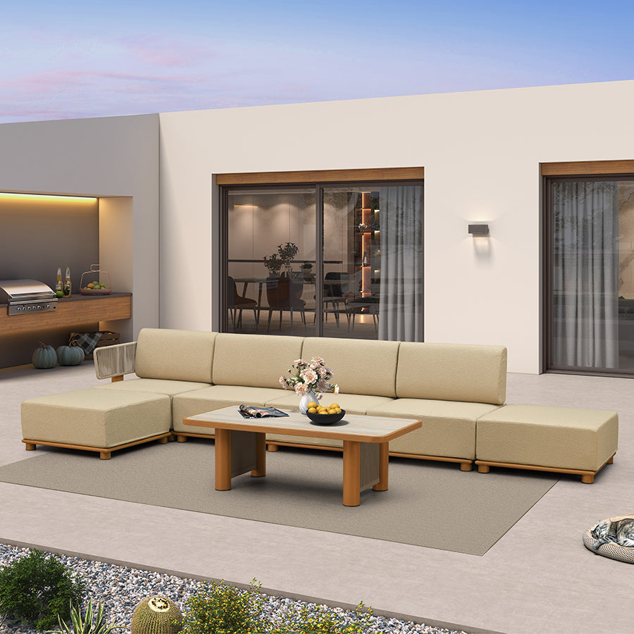 PURPLE LEAF Breck L-Shaped with table Modular Outdoor Sectional with Wood-Grain Aluminum Frame and Thick Teak-Colored Cushions for Luxury Backyard Lounge — product view 4