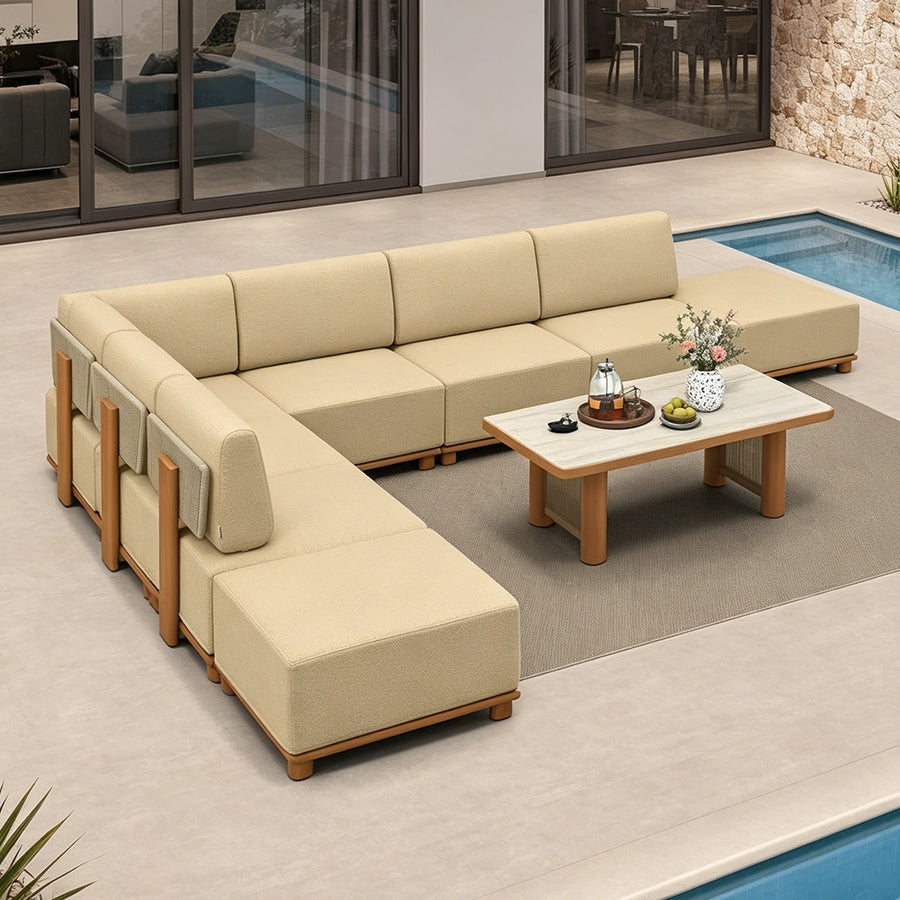 PURPLE LEAF Breck L-Shaped with table Modular Outdoor Sectional with Wood-Grain Aluminum Frame and Thick Teak-Colored Cushions for Luxury Backyard Lounge — product view 6