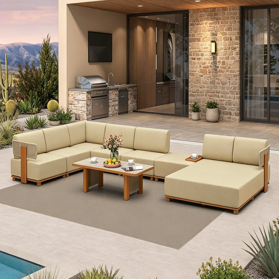PURPLE LEAF Breck U-Shaped  with table Modular Outdoor Sectional with Wood-Grain Aluminum Frame and Thick Teak-Colored Cushions for Family Entertaining — product view 7