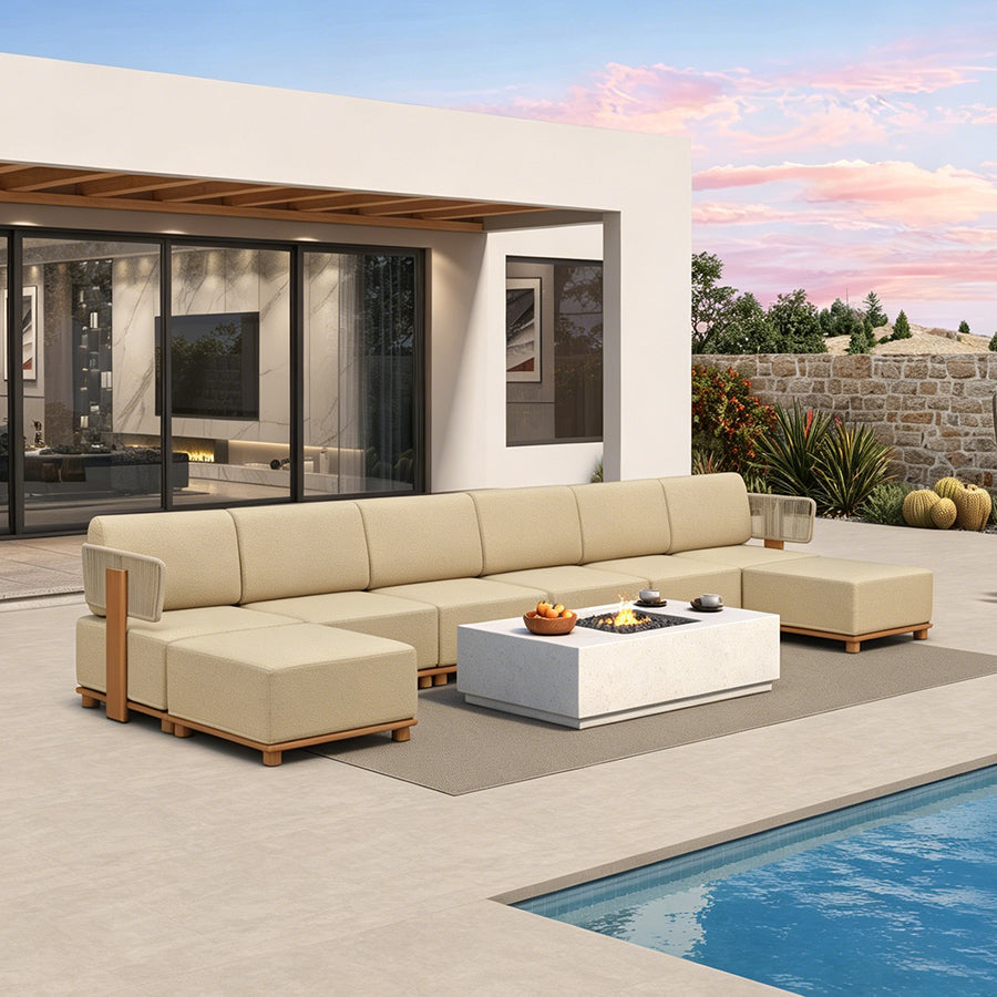 PURPLE LEAF Breck U-Shaped Modular Outdoor Sectional with Wood-Grain Aluminum Frame and Thick Teak-Colored Cushions for Family Entertaining — product view 2