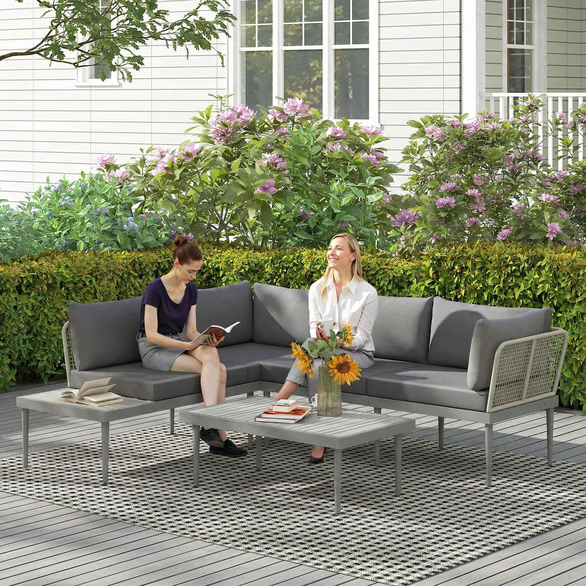 4-Seater L-Shaped Rattan Corner Sofa Set with Acacia Wood Coffee Table, Grey — product view 3