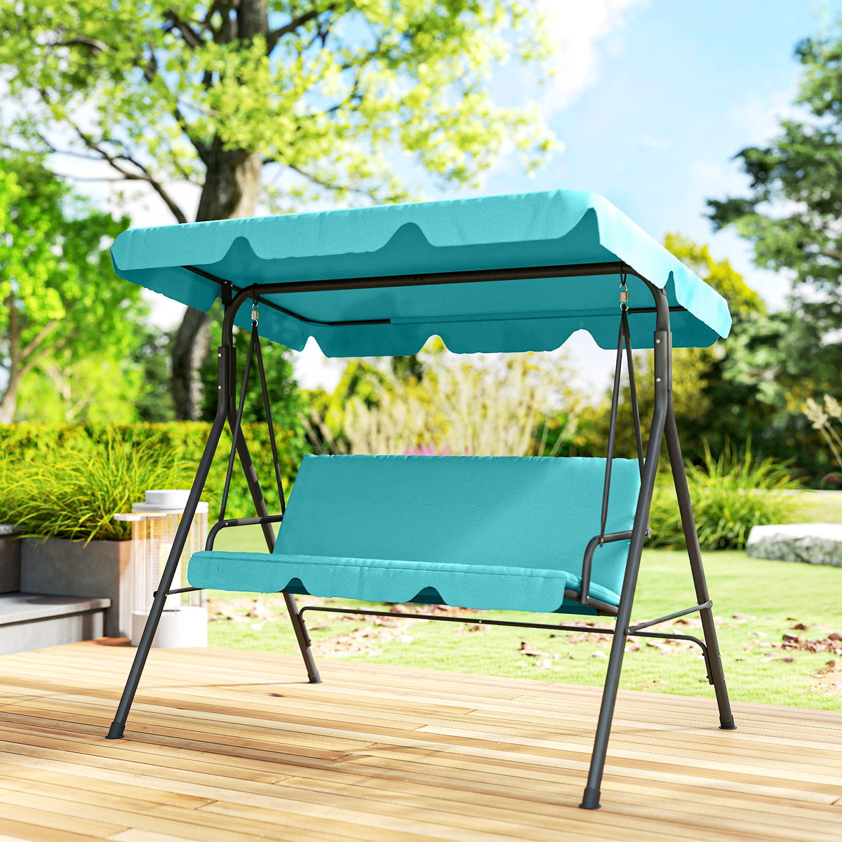 3 Seater Garden Swing Chair with Adjustable Canopy & Padded Seat, Blue — product view 4