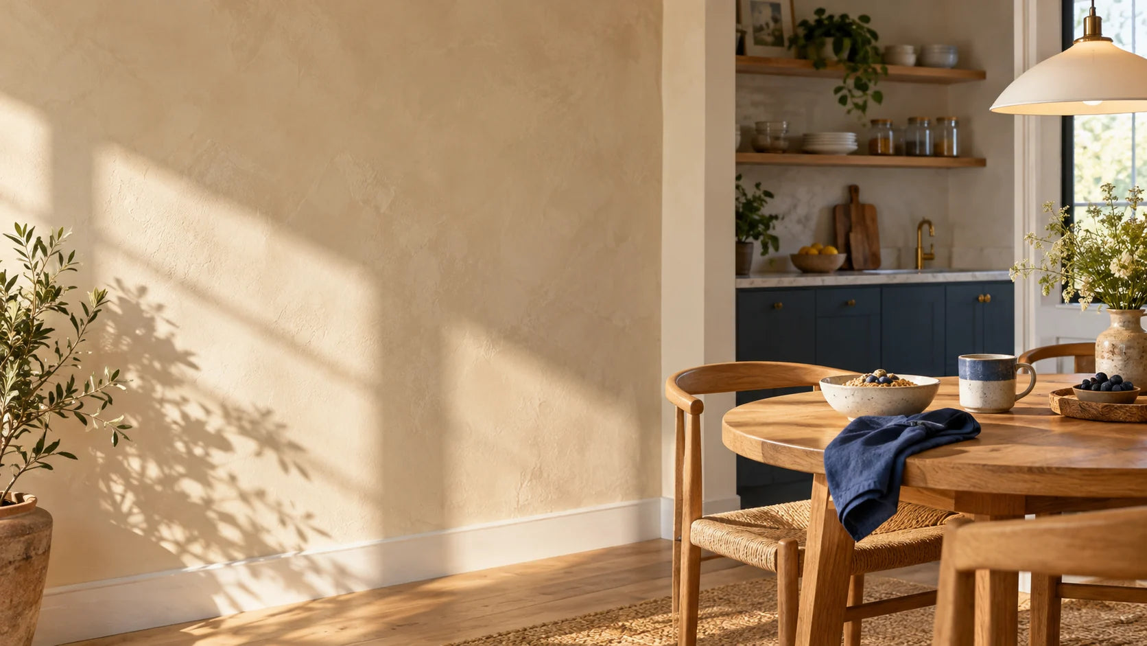 A sunlit kitchen and dining corner with natural textures and blue accents