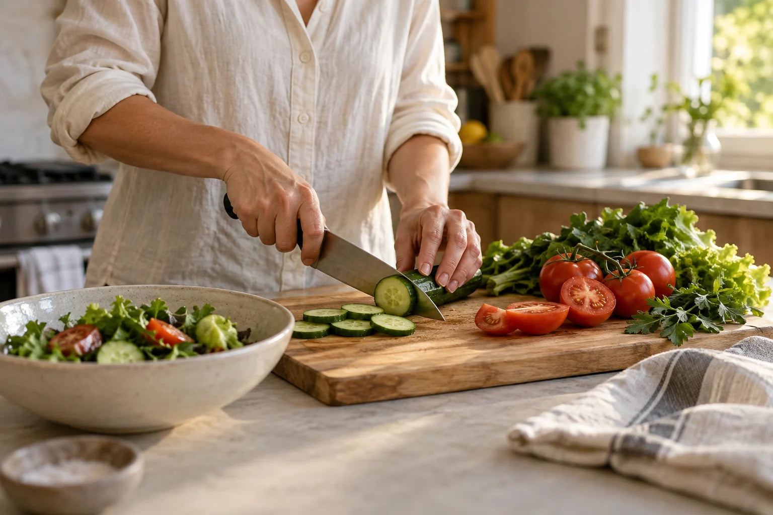 Hands preparing fresh vegetables on a sunlit kitchen island