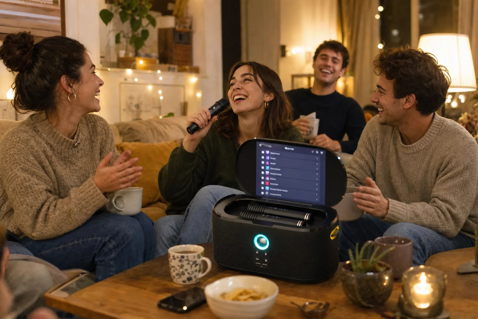 Friends doing karaoke at home around the open Encore™ machine, one singing into a wireless mic