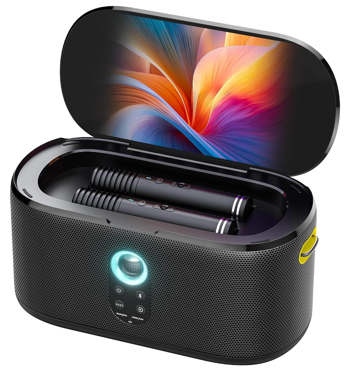 The Encore™ karaoke machine, open with its screen raised and two wireless mics in the tray