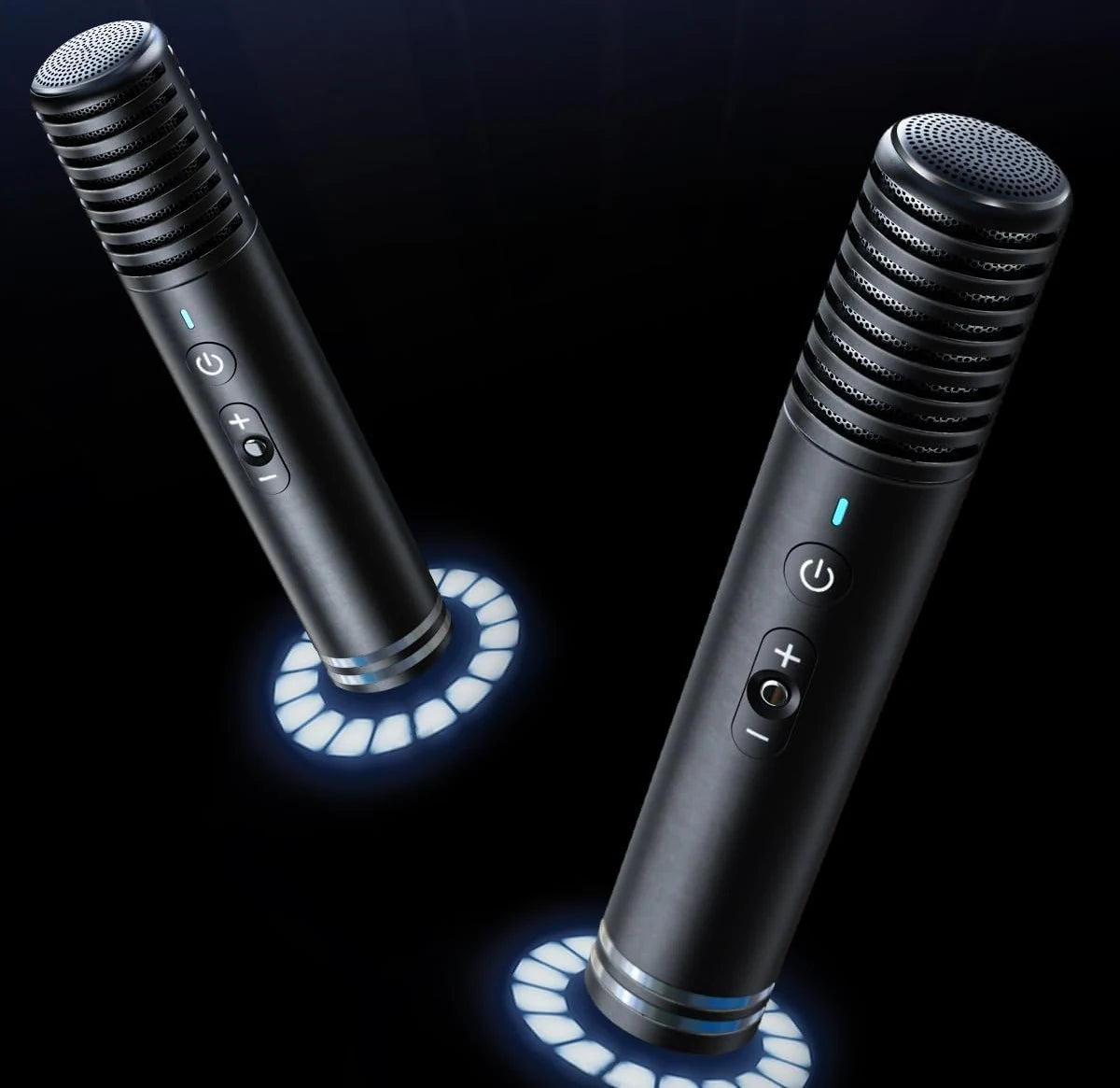The two wireless Encore™ microphones charging on their glowing rings